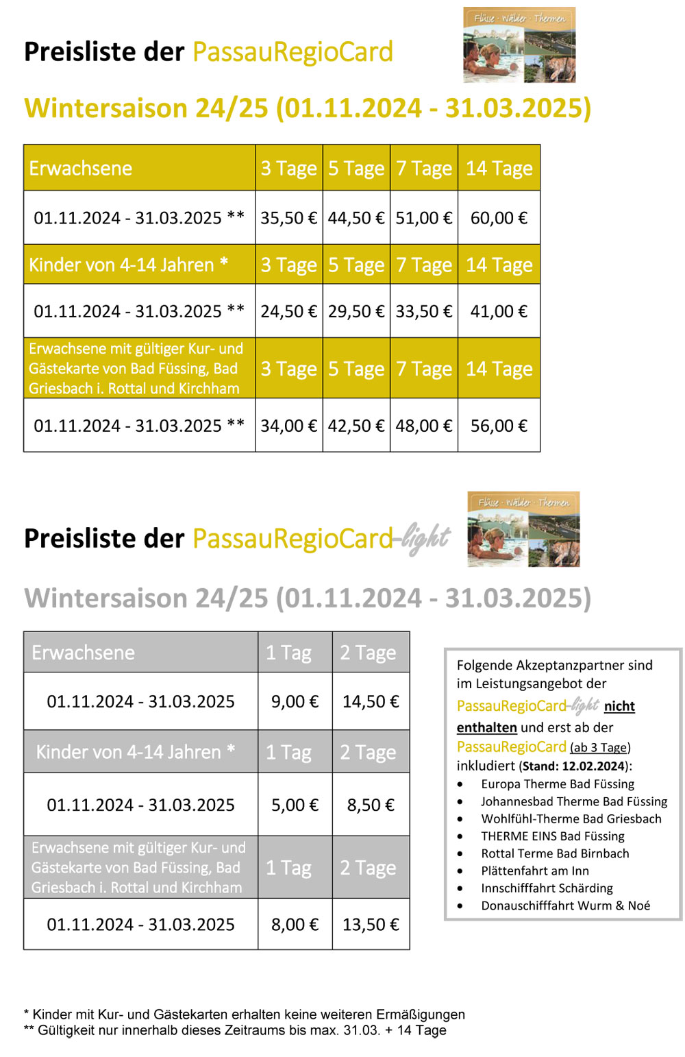 Preisliste PaReCa Wintersaison 0111 2023 